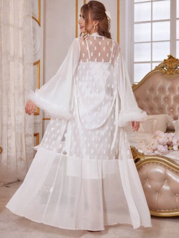 3d Lace Decor Heart Shaped Mesh Robe And Solid Color Satin Slip Dress, Pajama Set White Set - White 1