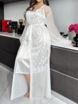 3d Lace Decor Heart Shaped Mesh Robe And Solid Color Satin Slip Dress, Pajama Set White Set