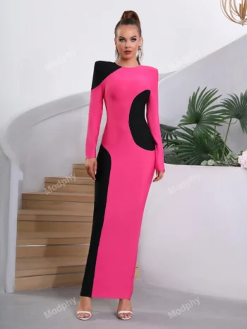 Modphy New Arrival Colorblock Sexy Long Sleeve Bodycon Dress