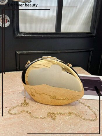 1pc Acrylic Metallic Clutch Bag, Glossy Oval Shaped Handbag With Metal Chain Strap, Women Gift