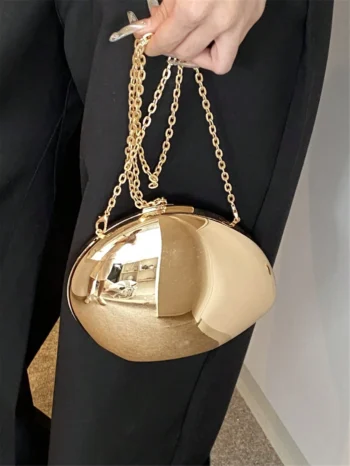 1pc Acrylic Metallic Clutch Bag, Glossy Oval Shaped Handbag With Metal Chain Strap, Women Gift - IMG1