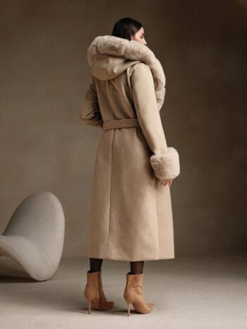 Anewsta Oversized Fuzzy Collar Wool Blend Long Coat With Belt - IMG1