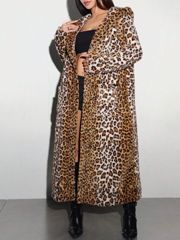 DivaQ Hooded Leopard Print Faux Fur Long Coat - IMG1