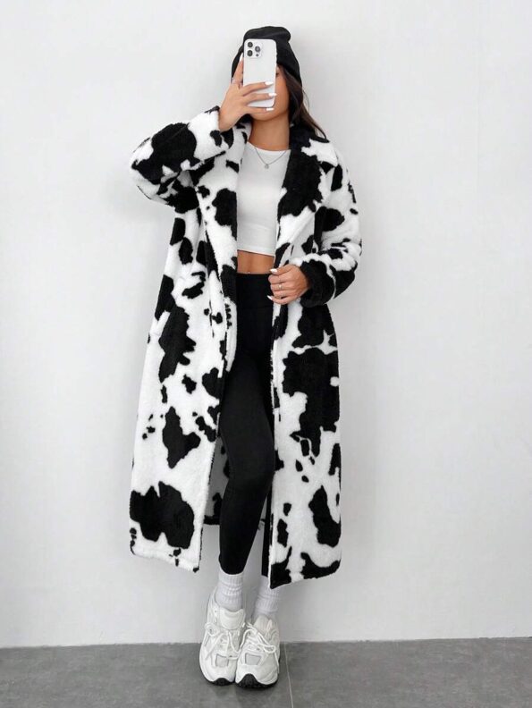 EZwear Women's Cow Print Faux Fur Long Coat For Women's - IMG 2