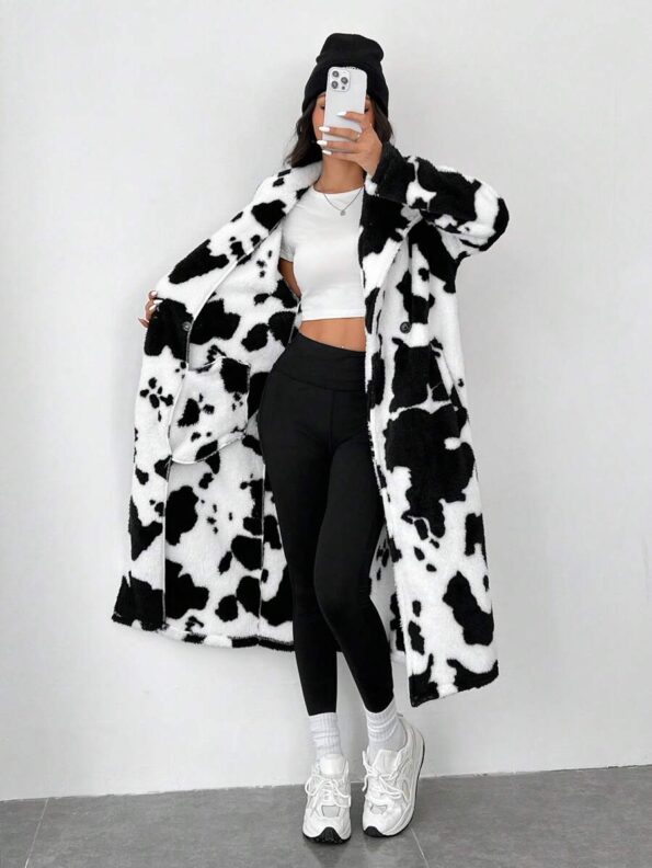 EZwear Women's Cow Print Faux Fur Long Coat For Women's - IMG 5