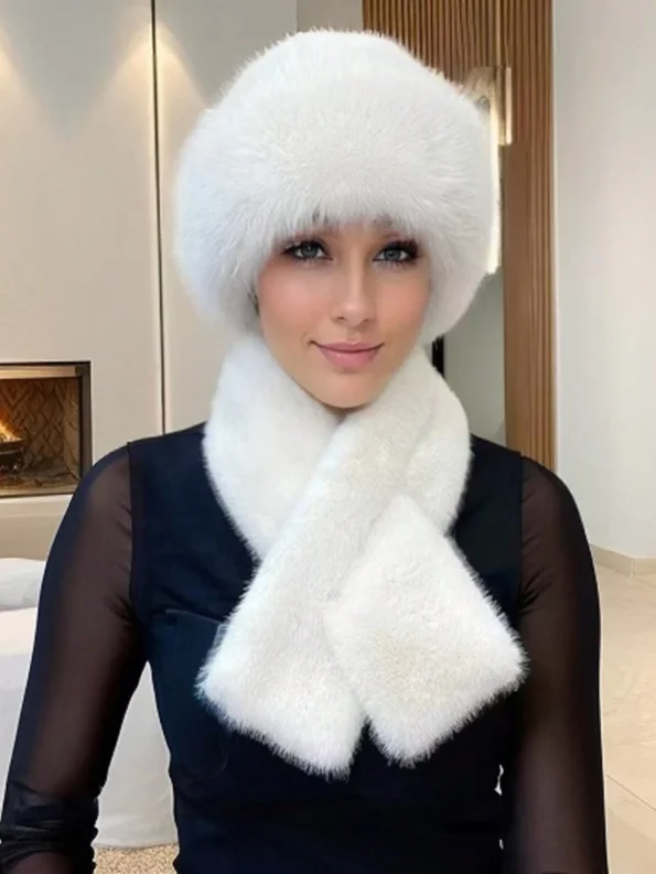 European And American Fashion Warm Mongolian Cap, Bucket Hat, Floppy Hat Set With Matching Faux Fur Neck Scarf Halloween - White