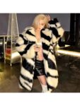 Fashionable Black & White Leopard Print Young Women’s Warm Fluffy Long Coat