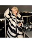 Fashionable Black & White Leopard Print Young Women’s Warm Fluffy Long Coat