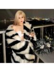 Fashionable Black & White Leopard Print Young Women’s Warm Fluffy Long Coat