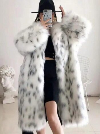 Fashionable Casual Leopard Print Black Ladies Faux Fur Long Outwear