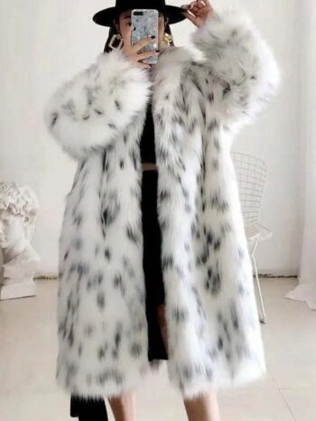 Fashionable Casual Leopard Print Black Ladies Faux Fur Long Outwear - IMG1