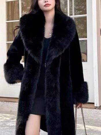 Fluffy Long Sleeve Fashion Elegant Faux Fur Trimmed Warm Coat For Women - Black 1