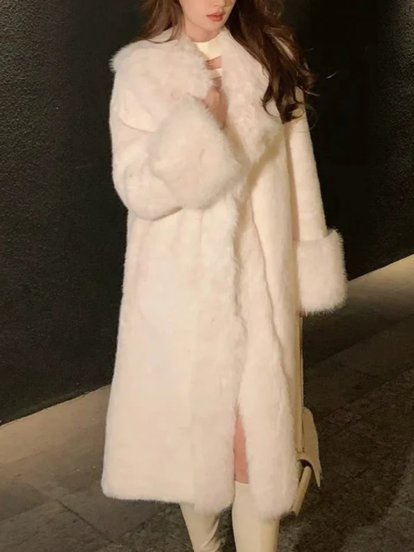 Fluffy Long Sleeve Fashion Elegant Faux Fur Trimmed Warm Coat For Women - White 1