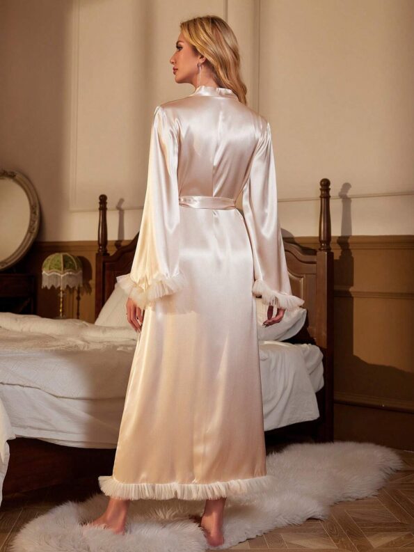 Frill Trim Belted Satin Robe For Women Sleepwear - Champagne 2