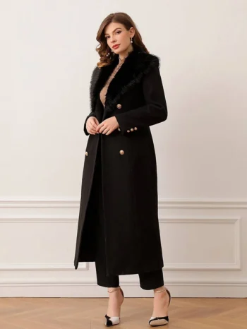 Modely Borg Collar Double Breasted Overcoats For Women's - Black 1