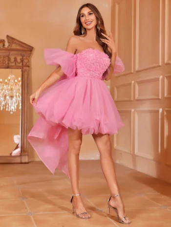 Off Shoulder Puff Sleeve Bow Back Mesh Dress - Pink1