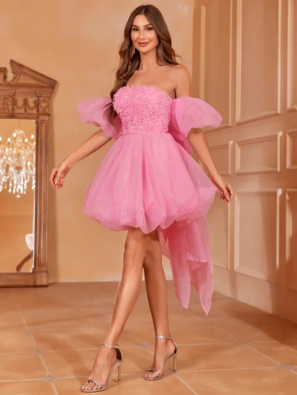 Off Shoulder Puff Sleeve Bow Back Mesh Dress - Pink5