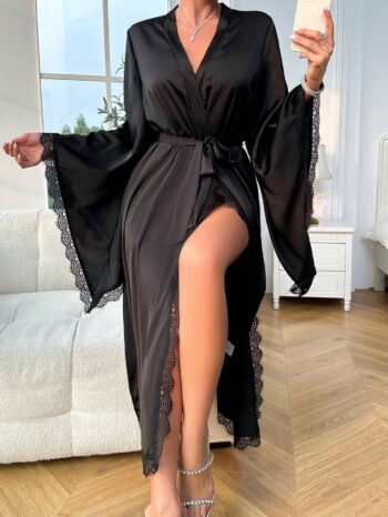 Women Fashionable Lace Trim Black Batwing Sleeve Robe