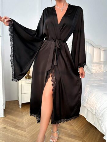 Women Fashionable Lace Trim Black Batwing Sleeve Robe - Black1