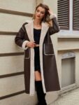 Women’s Shearling Lapel Drop Shoulder Faux Fur Lined Long Leather Jacket, Autumn Winter