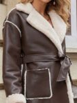 Women’s Shearling Lapel Drop Shoulder Faux Fur Lined Long Leather Jacket, Autumn Winter