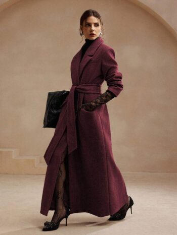 Women's Wool Blend Midi Length Tied Waist Notch Lapel Coat