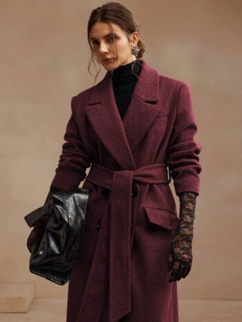 Women's Wool Blend Midi Length Tied Waist Notch Lapel Coat - Burgundy 1